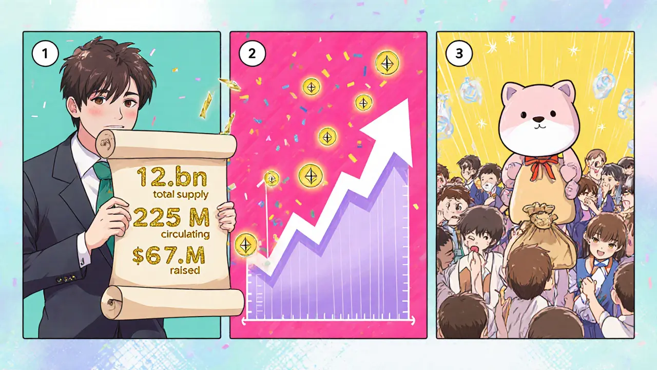 Manga panel showing ANML token supply, fundraising amount, and fans receiving token bags.
