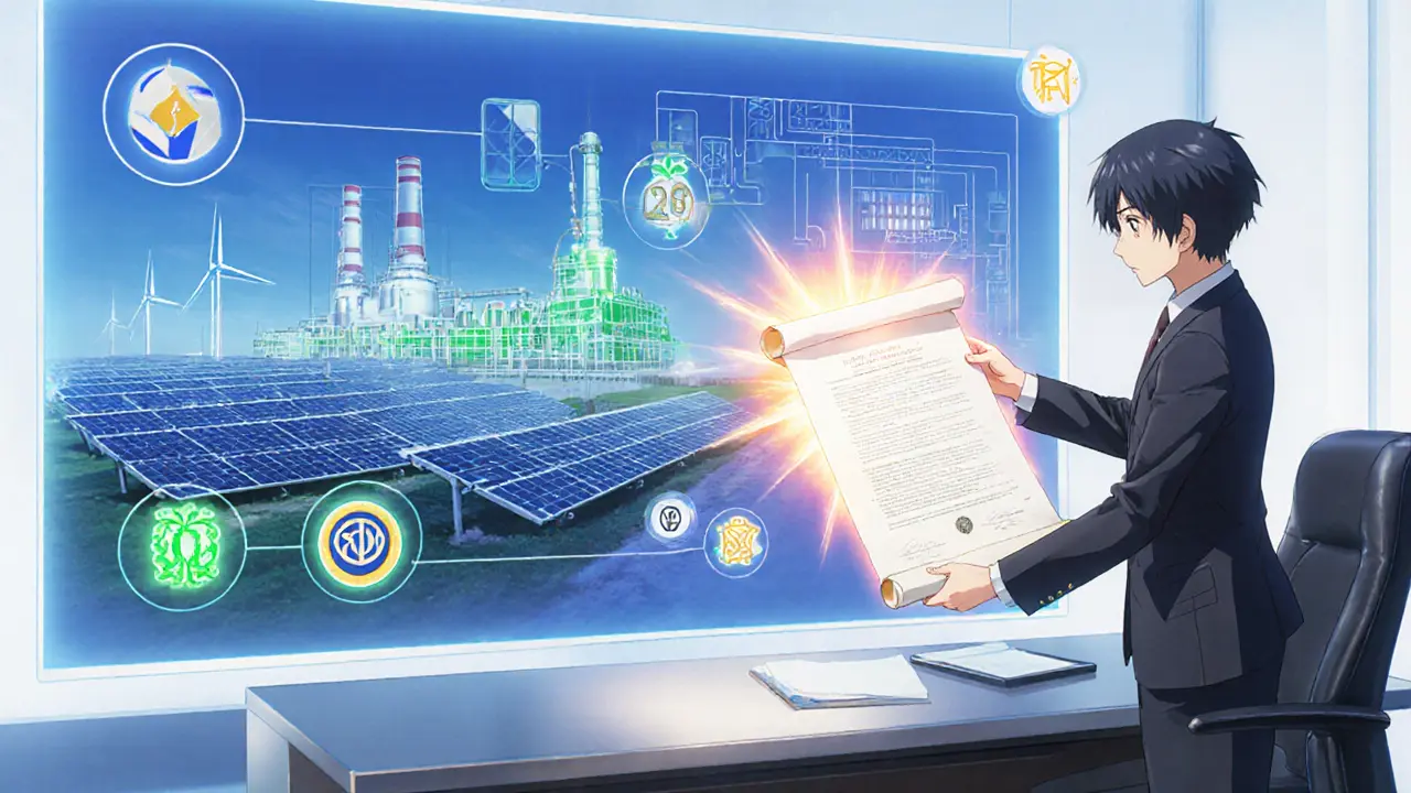 Professional anime character presents a radiant licensing scroll with a holographic 2,000 MW energy display and floating international icons.