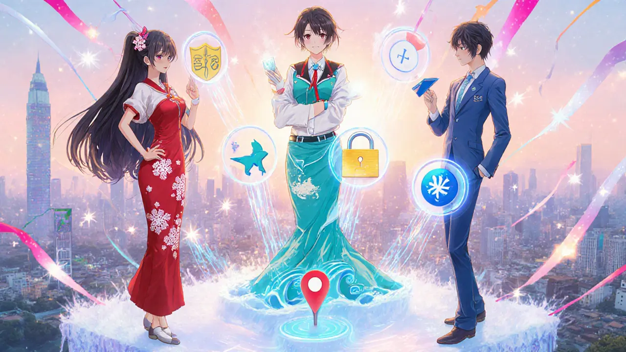 Three anime characters representing ExpressVPN, Surfshark, and NordVPN display security icons.