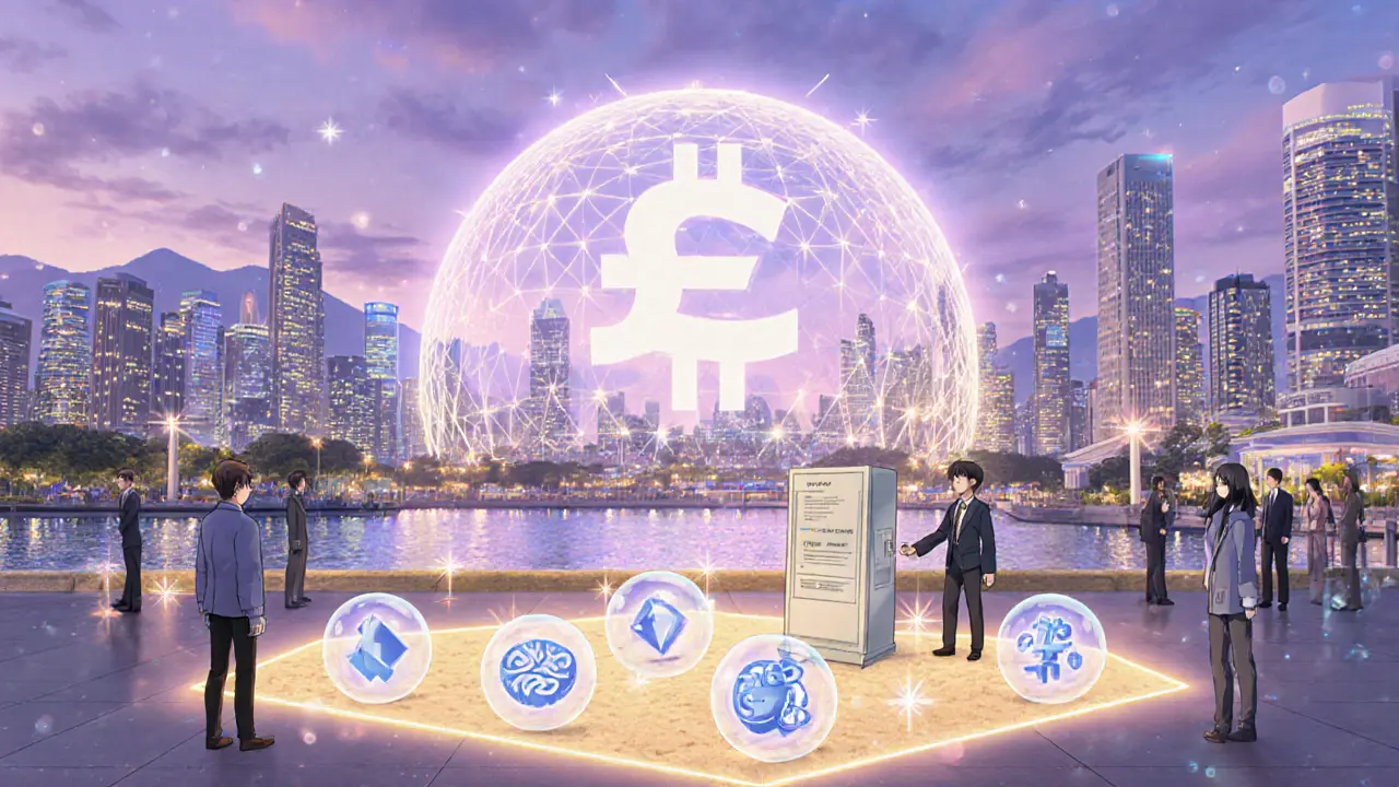 Busan waterfront with holographic crypto‑ETF dome and people exploring a sandbox.