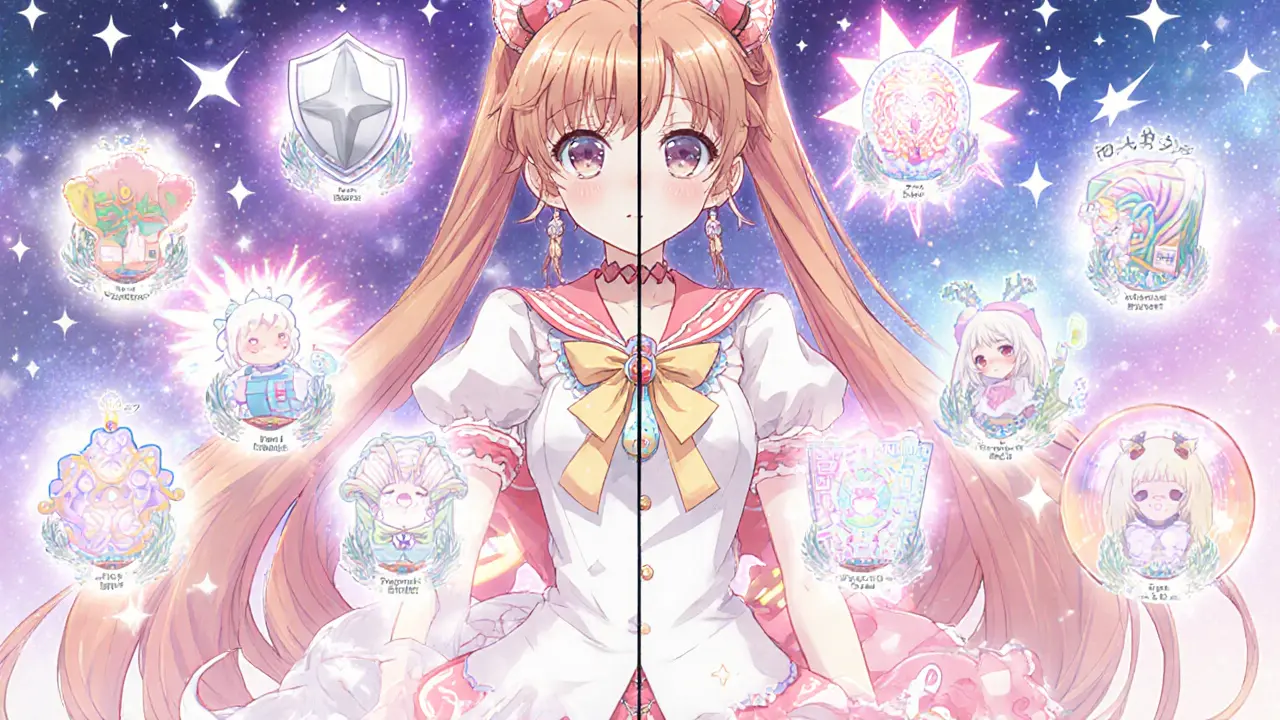 Eight spirit icons represent the eight hash properties surrounding the girl.