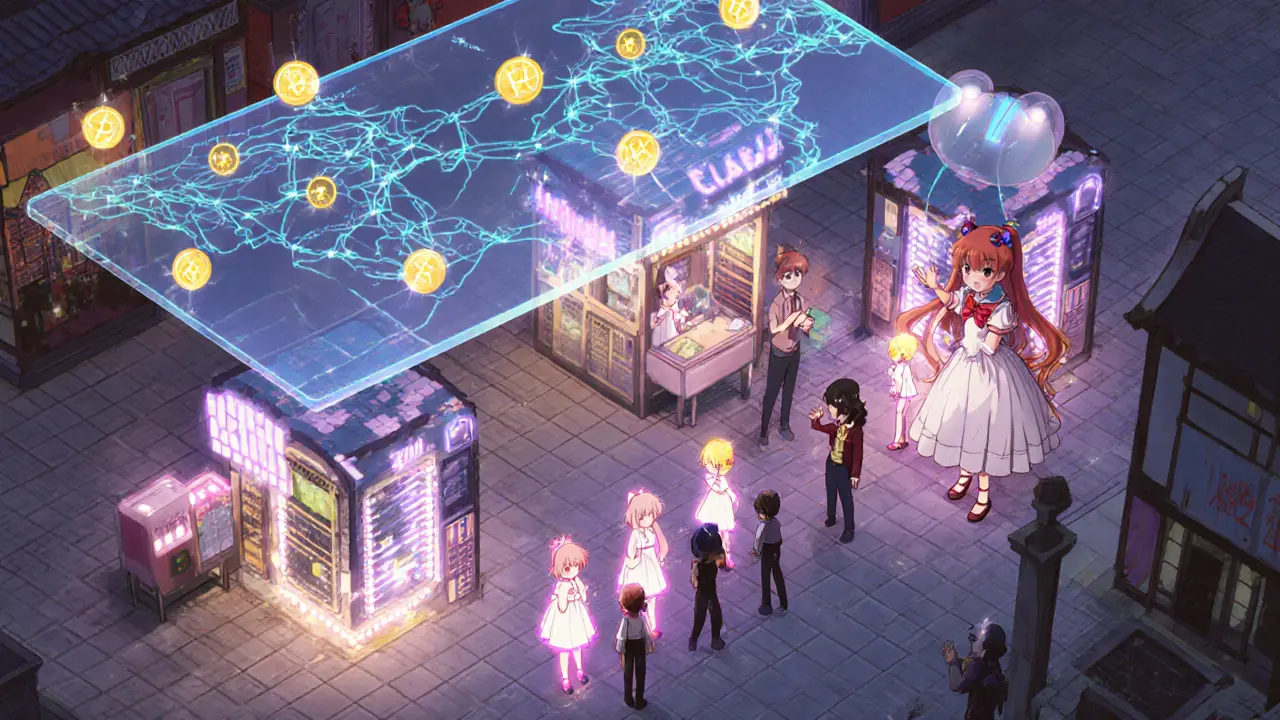 Fantasy RPC marketplace with server stalls, data lines, and routing map highlighted by LAVA tokens.