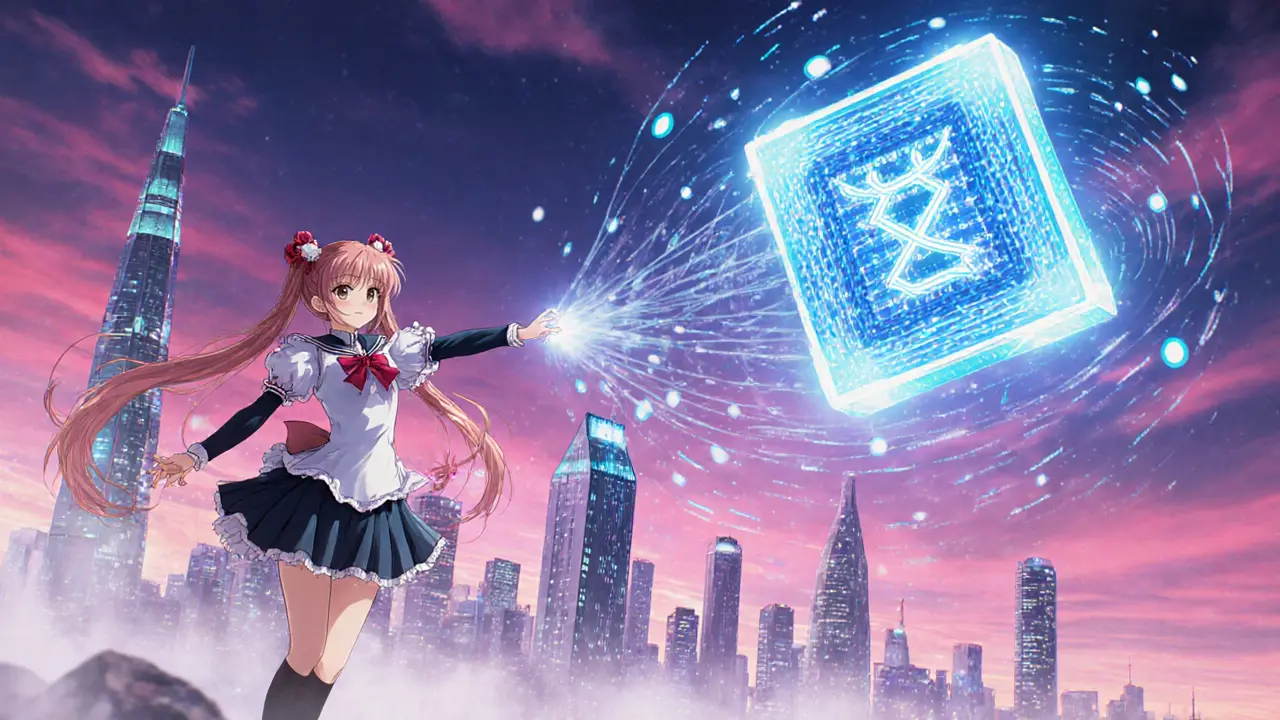 Futuristic skyline with blockchain towers and quantum crystal, girl casts large hash rune.