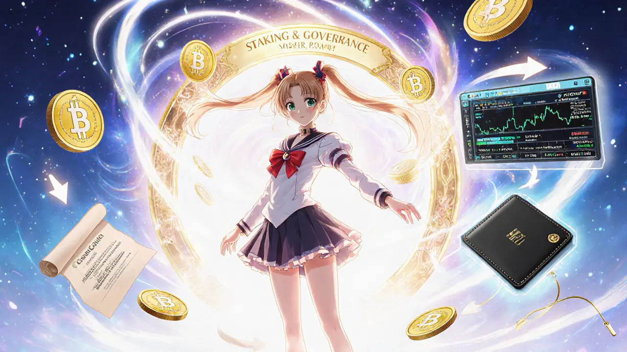 Girl beside a magical portal with swirling tokens, voting scrolls, and a DEX interface.