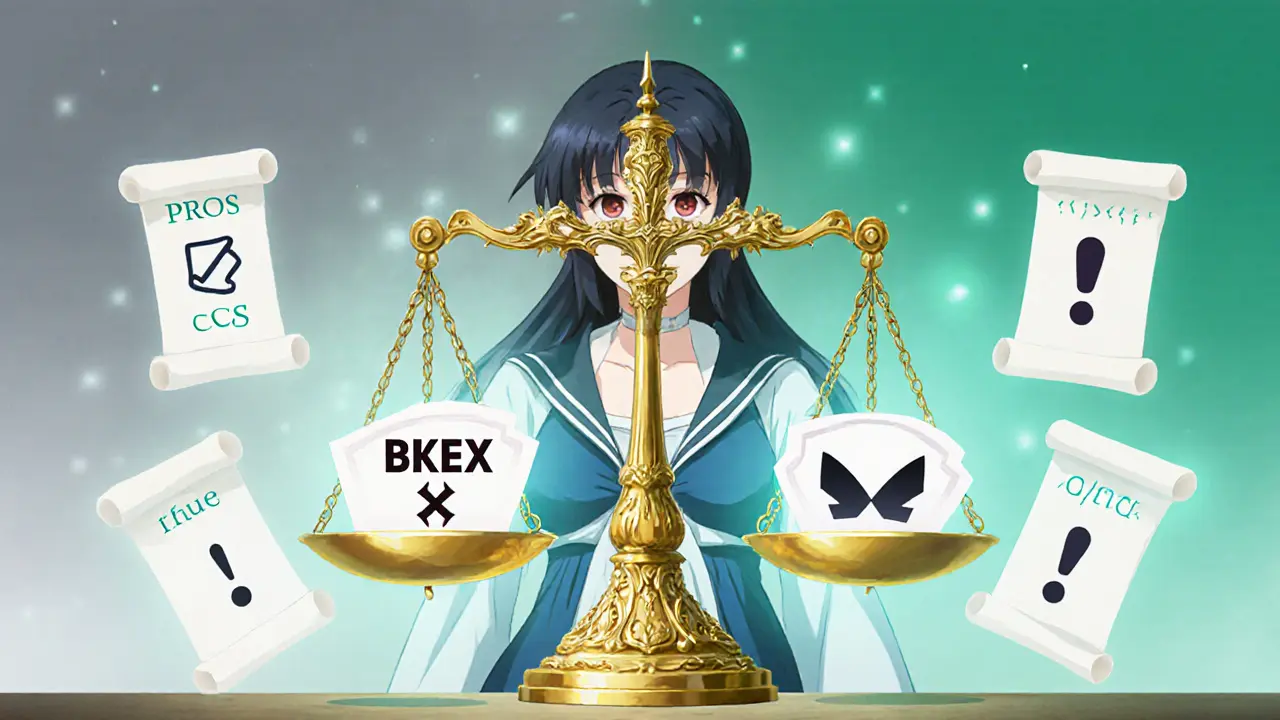 Golden scale balances BKEX against three other exchange icons, surrounded by floating pros and cons scrolls.