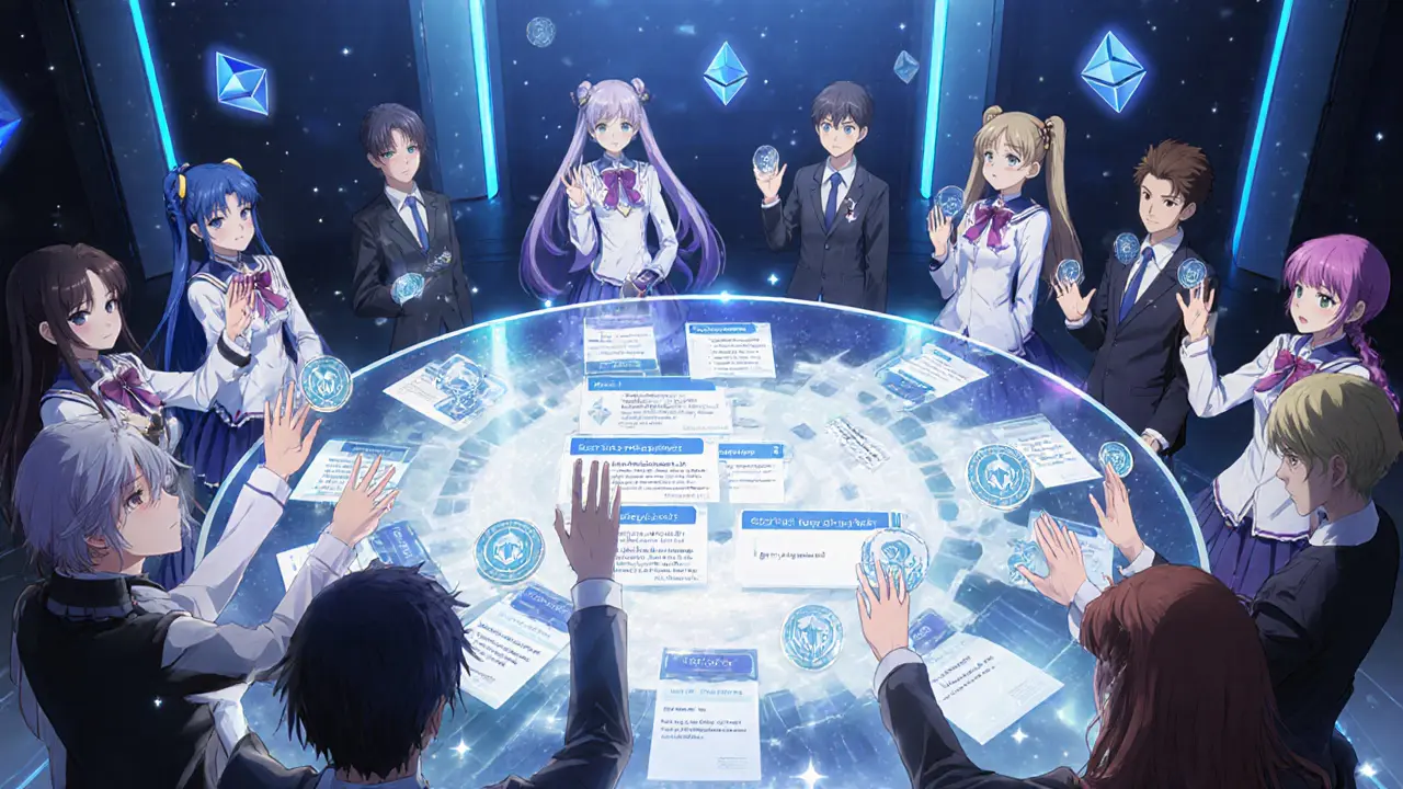 Group of anime characters vote with floating FORTH tokens around a holographic ledger.