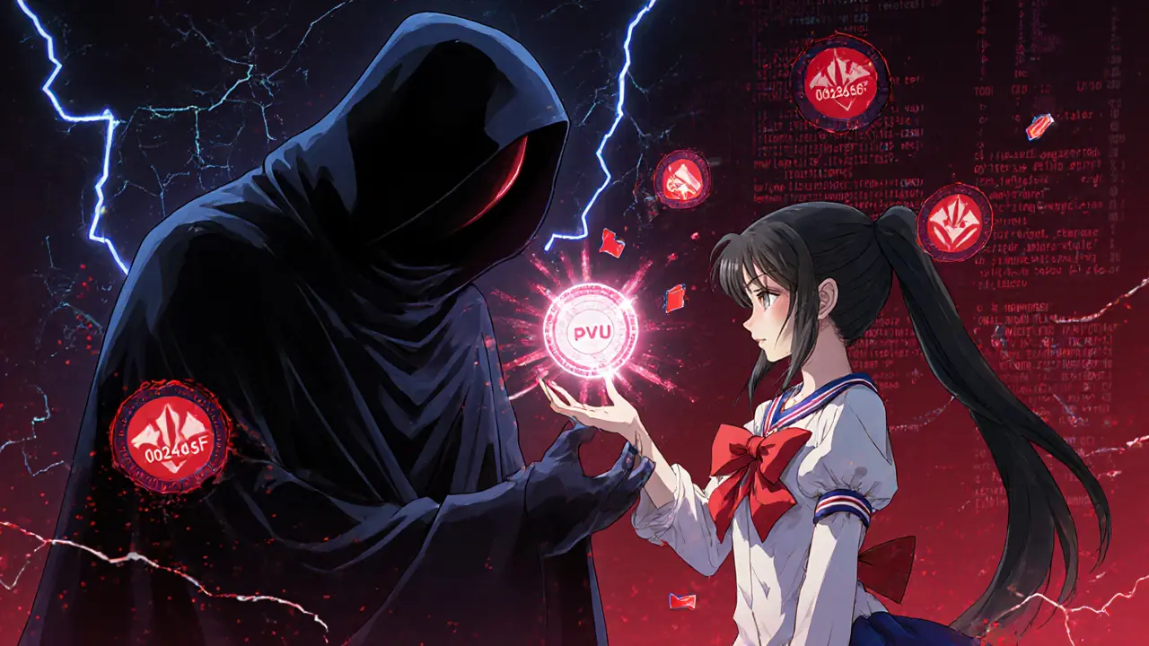 Heroine blocks a shady figure offering a suspicious PVU token.