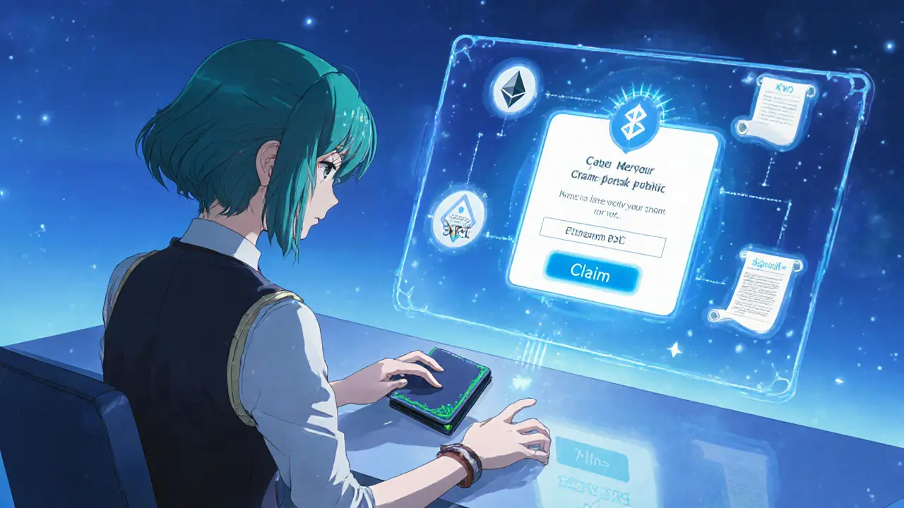 Heroine connects a MetaMask wallet to a claim portal, showing KYC form and claim button in anime style.