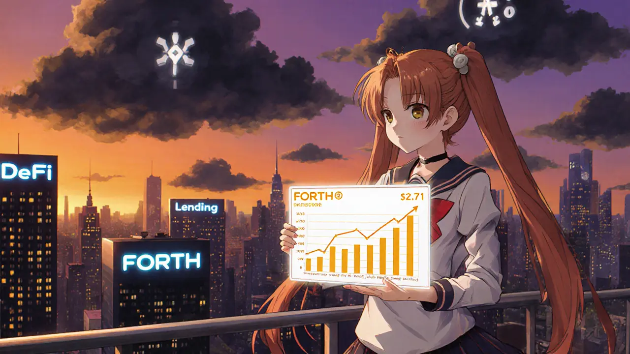 Heroine looks at a city skyline with a FORTH price chart and looming regulatory clouds.