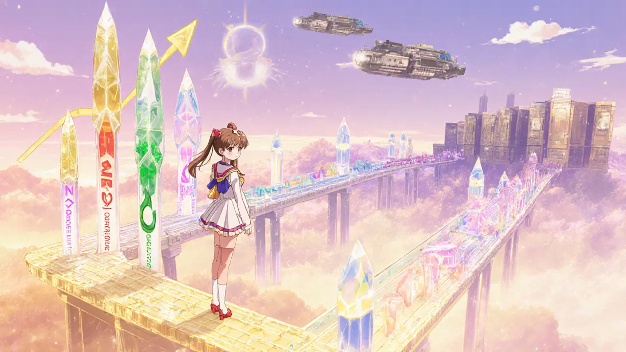 Heroine on a blockchain bridge horizon watches a rising TVL graph and institutional vaults.