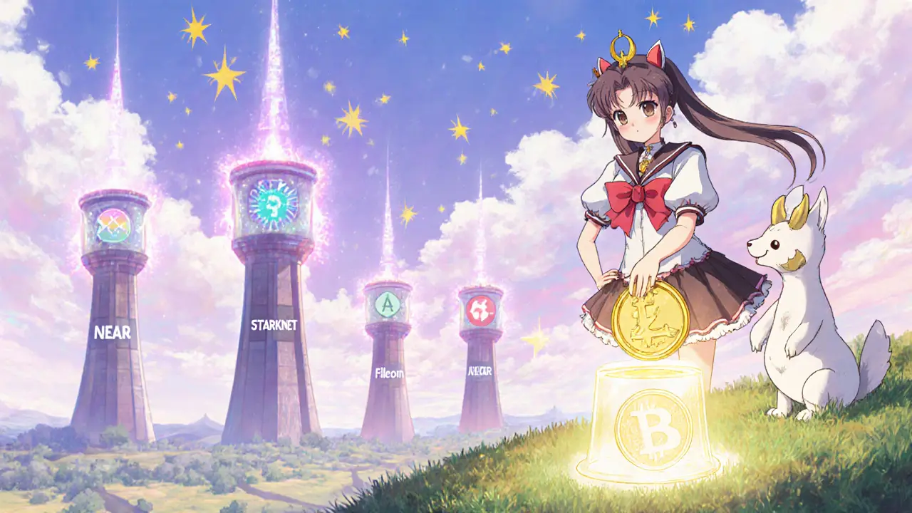 Heroine staking a LAVA token on a hill, overlooking partner chain spirit creatures and glowing towers.