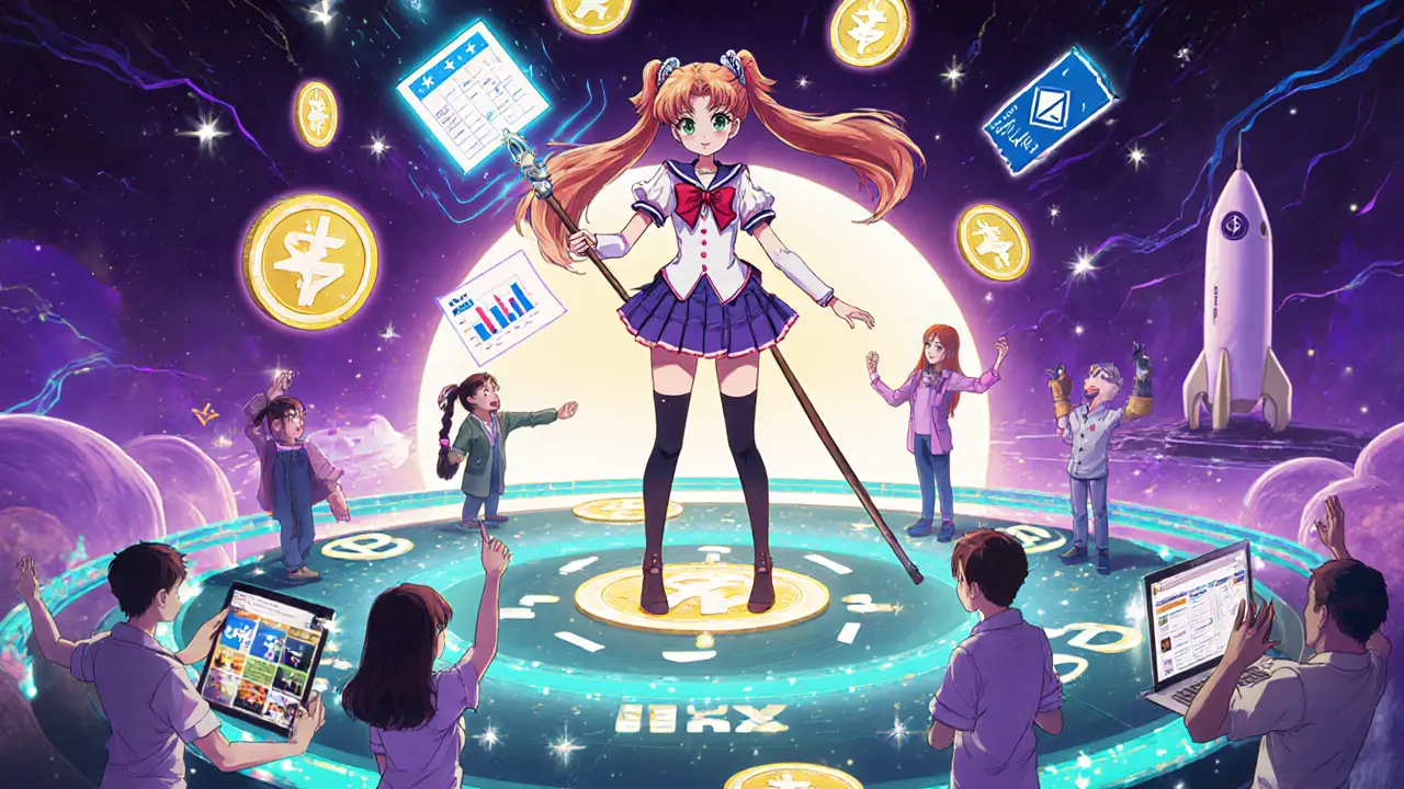 Heroine stands on GLMS symbols, projecting voting, staking rewards, and discount holograms after the IDO.