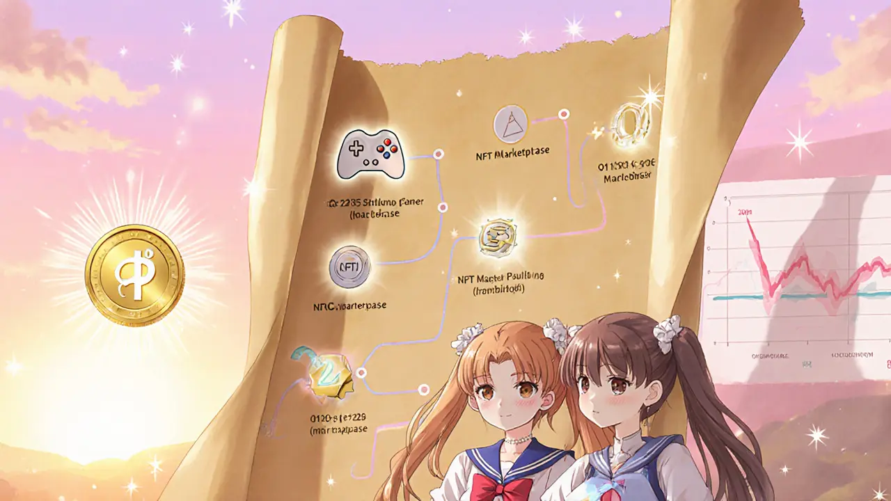 Magical roadmap scroll showing future milestones beside a hopeful heroine.