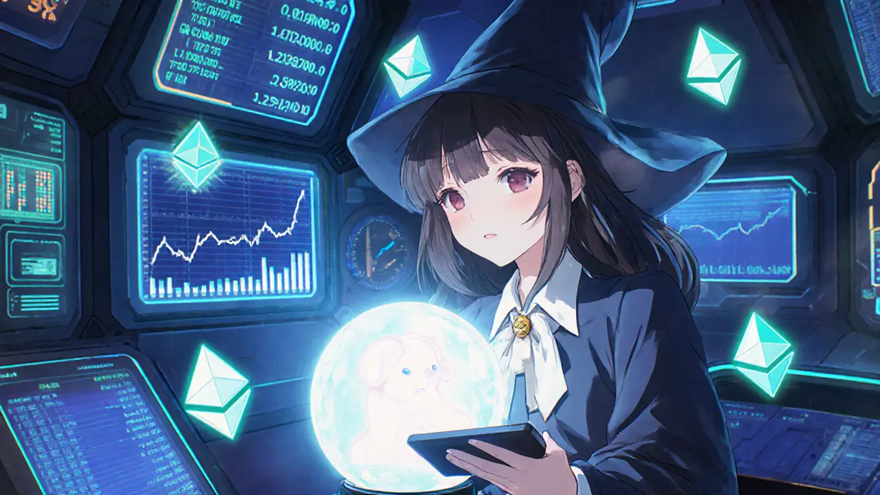 Teen wizard reviews holographic DOGE‑1 token stats and price charts in a futuristic control room.