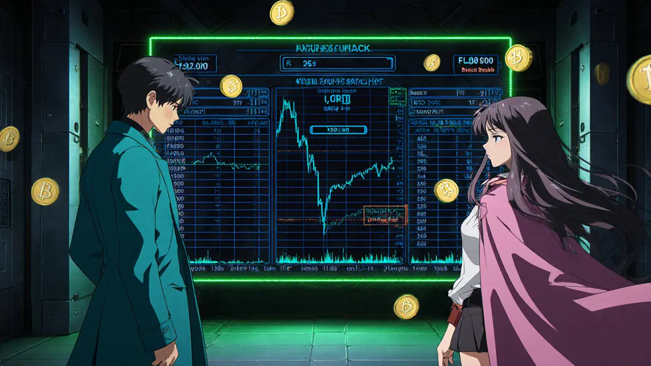 Two traders examine an on‑chain order book and futures lever in a neon trading vault.