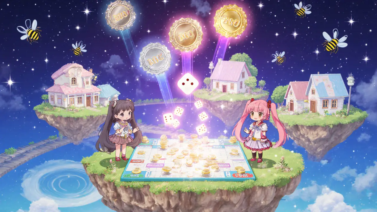 Whimsical virtual town with anime characters playing a game, showing bronze, silver, gold badges.