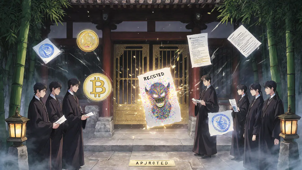 A committee of judges sealing a rogue crypto token in a paper talisman under a bamboo forest temple.