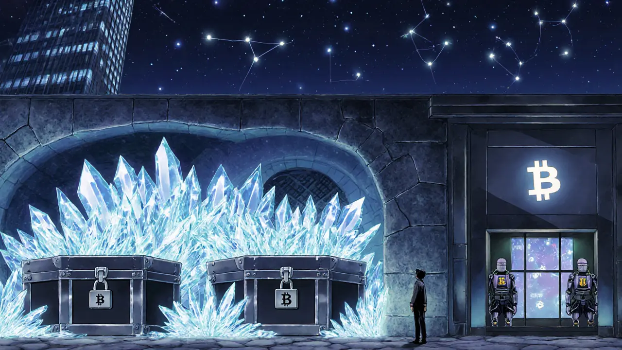 A massive underground vault with frozen crypto assets guarded by robotic samurai, lit by soft bioluminescent light.