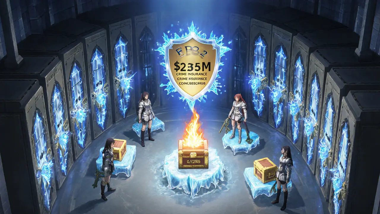 Animated guardians protect crystal vaults and a golden shield showing 5M insurance.