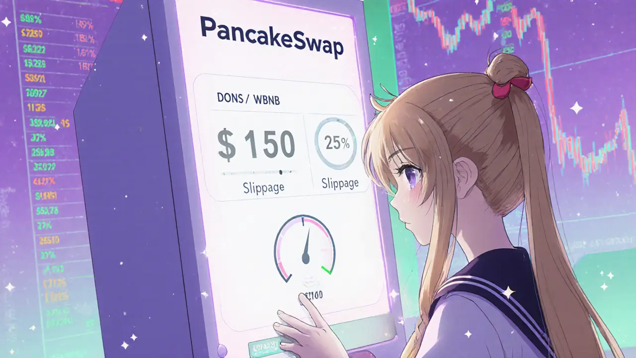 Anime girl using a holographic PancakeSwap kiosk showing low liquidity and high slippage.
