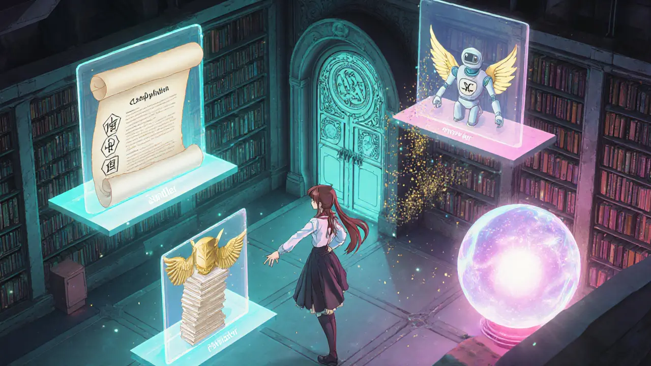 Fantasy library scene displaying ERC‑4337 components as magical holographic panels.