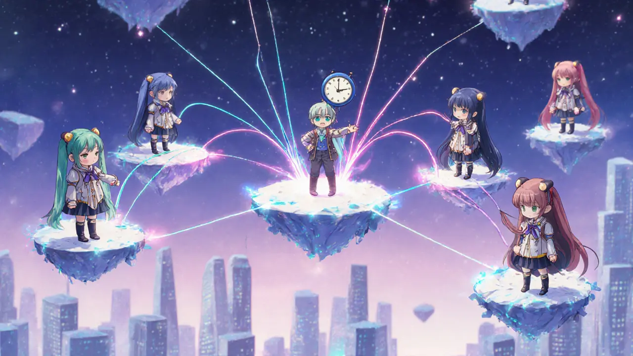 Floating city of anime characters exchanging glowing data ribbons, with a clock indicating gossip cycles.