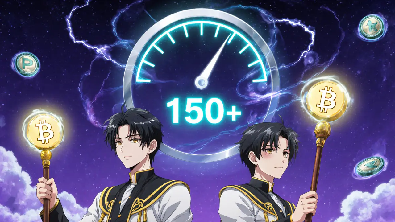 Founders as magical duo wielding Bitcoin staffs, surrounded by USDT icons and a 150× gauge.