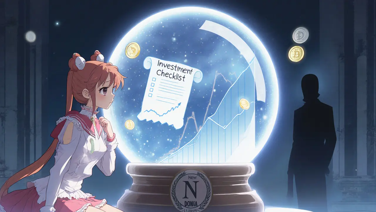 Girl looking into a crystal ball displaying volatile price graph and risk checklist.