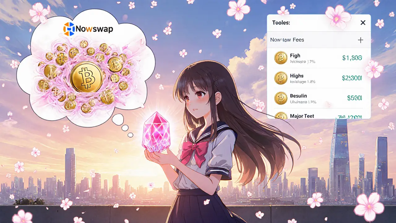 Girl on a rooftop holding a glowing token, comparing big DEX fees to Nowswap&#039;s low fees with sakura blossoms.