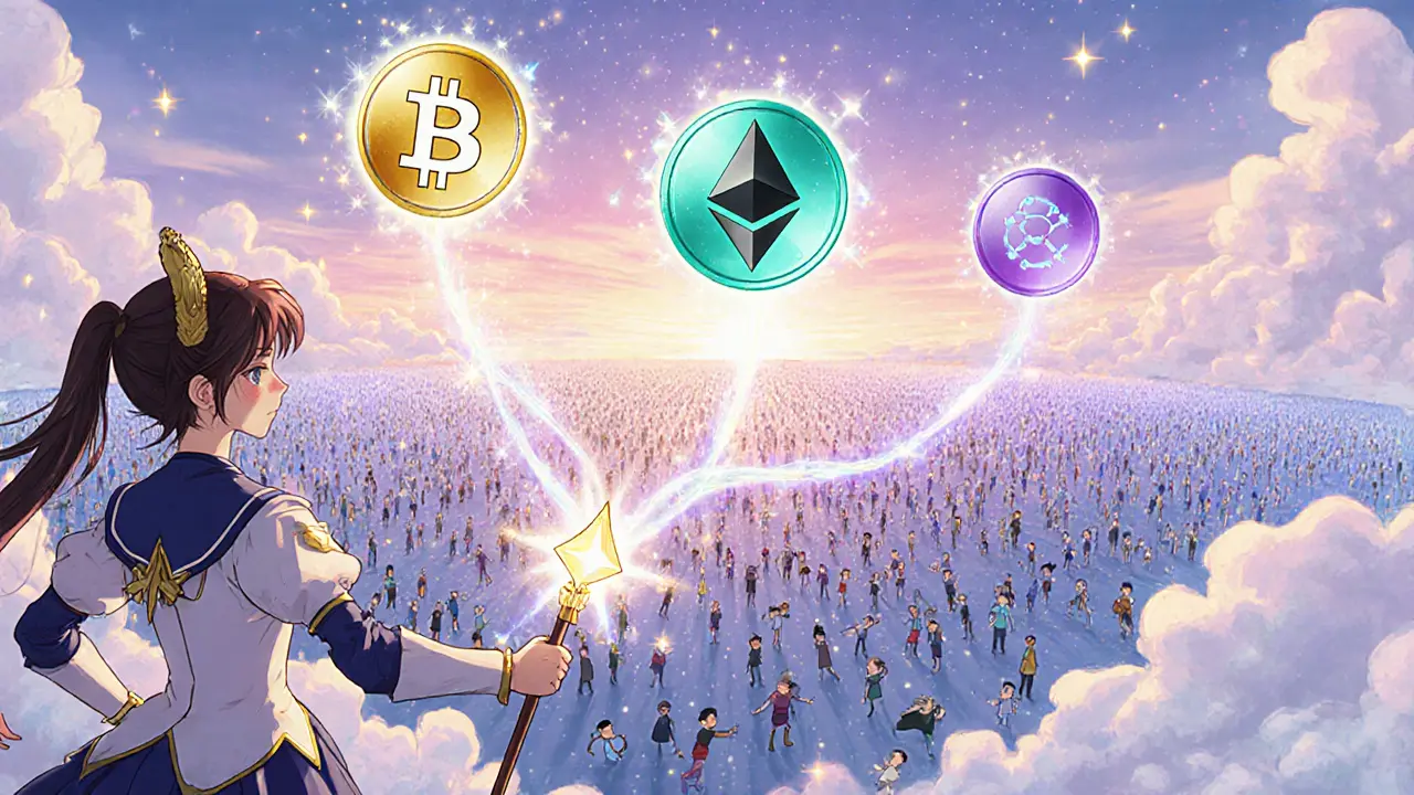 Heroic girl summons blockchain logo seals that emit sparkling paths linking many small avatar nodes.