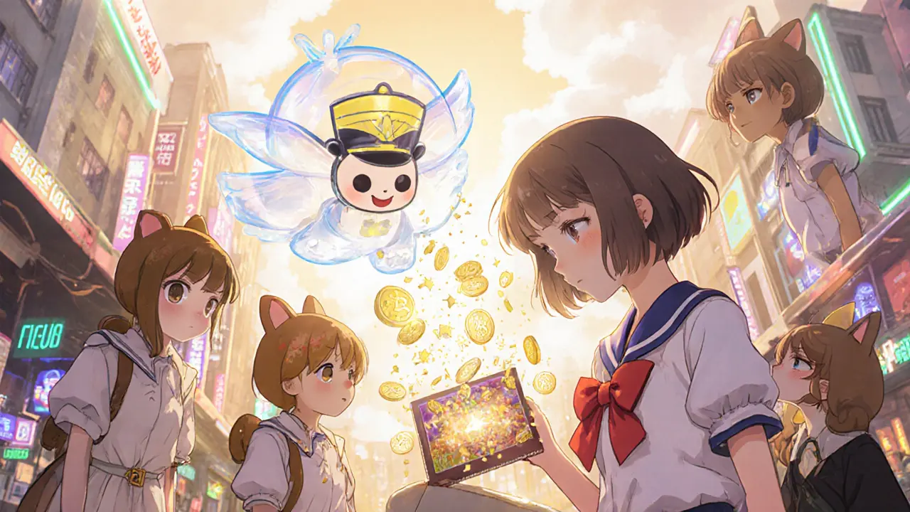 Heroine buys a glowing NFT using an AA wallet, aided by guardian spirits and a paymaster.