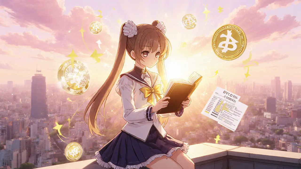 Heroine holding a luminous ledger with symbols of rebalancing and tax, under a sunrise.