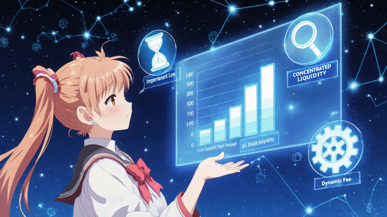 Heroine studies holographic icons for impermanent loss, concentrated liquidity, and dynamic fees.