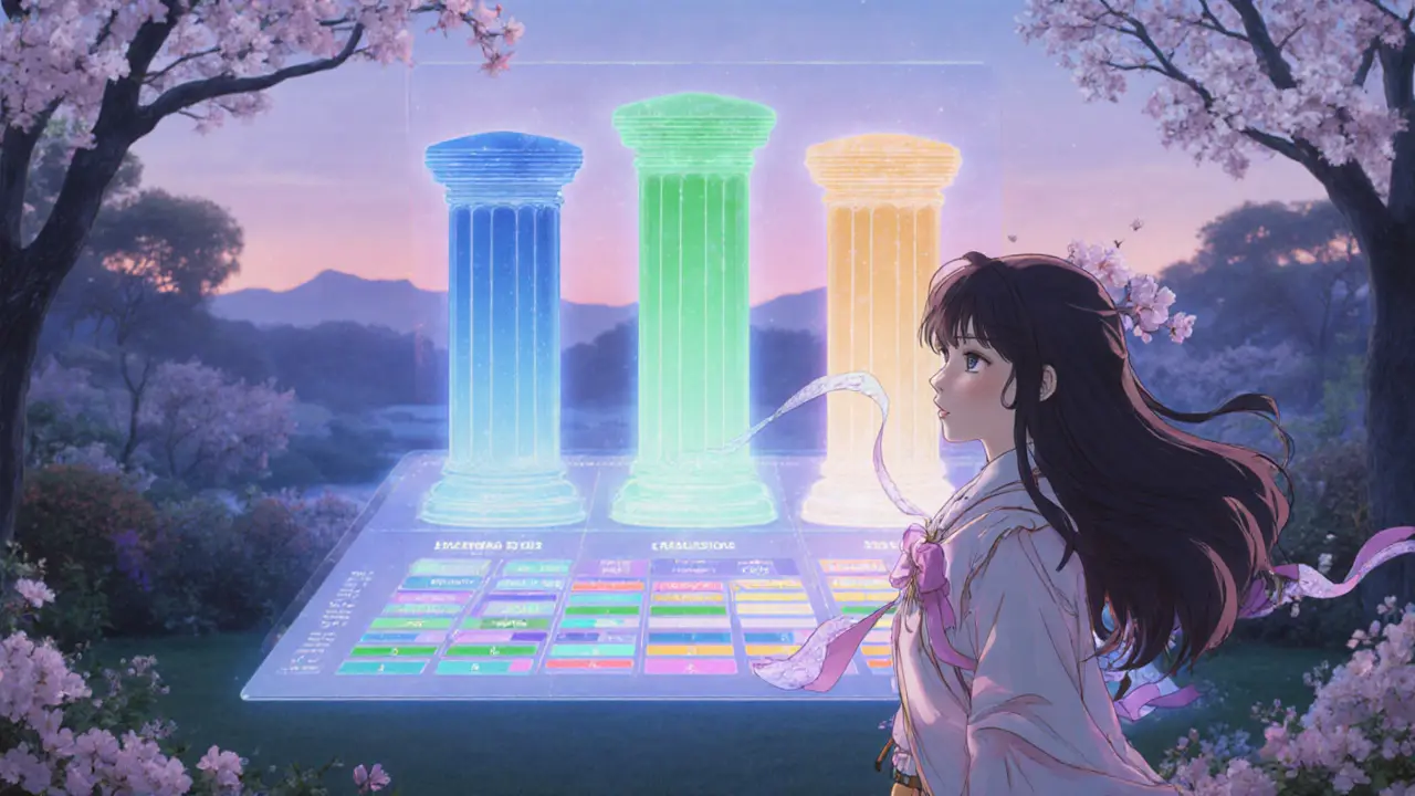 Heroine viewing a glowing three‑pillar chart of core, altcoins, and stablecoins.