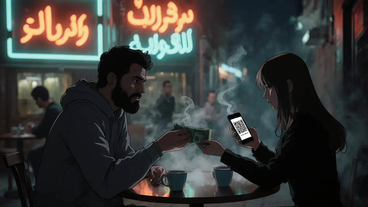 Underground crypto exchange in a coffee shop, cash and phone shown.