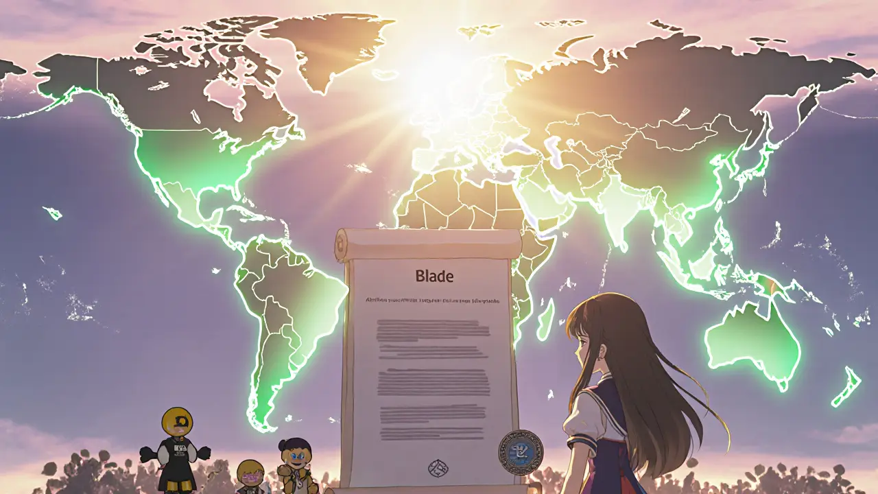 World map with blocked regions, heroine holding Blade contract near investor mascots, hopeful sunrise.