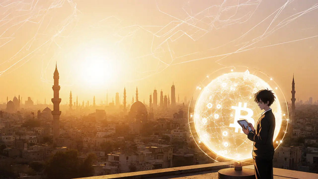 Young trader on a rooftop with a holographic globe suggesting crypto future.