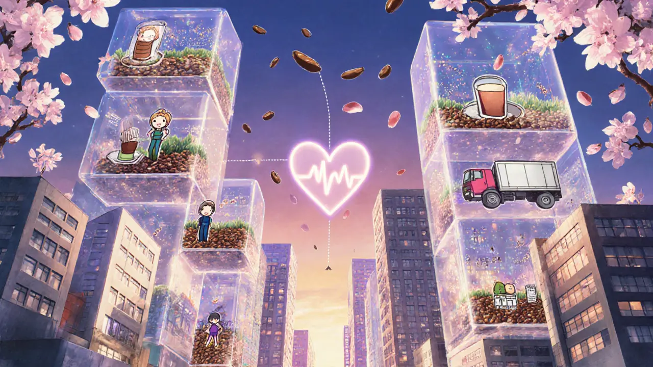 A city built from transparent blockchain blocks showing supply chain data, with cherry blossoms carrying verified transactions.