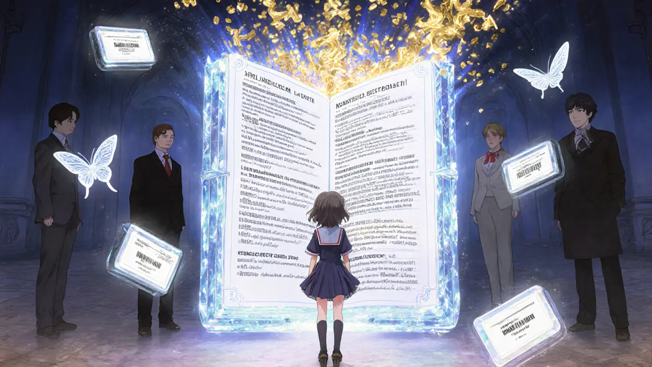 A girl facing a crystalline ledger revealing corporate audit trails, as corrupt figures dissolve into pixels and voting ballots flutter like butterflies.