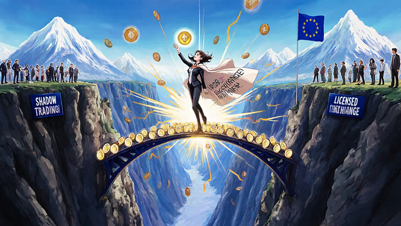 A regulator catches a crypto coin on a bridge between chaos and EU compliance.