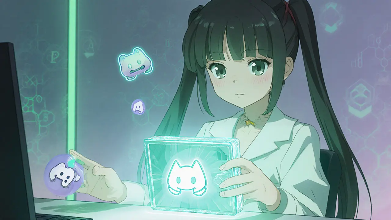 Anime teen using a holographic wallet and Discord symbols to claim a Polqueen NFT.