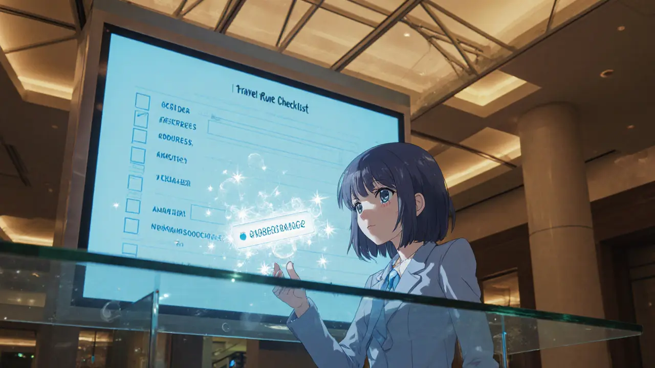 Bank lobby scene with a heroine scanning a floating wallet address and a digital compliance screen.