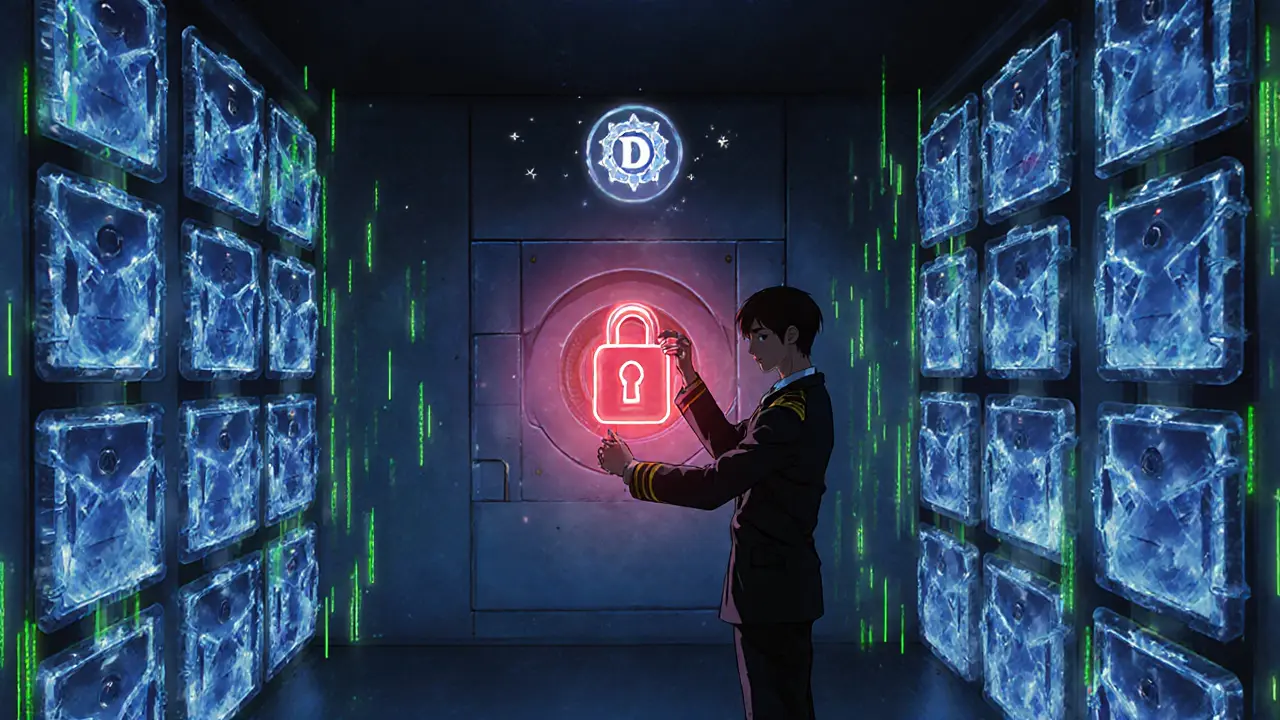 Dark vault with glowing crypto vaults and a red D‑grade warning emblem.