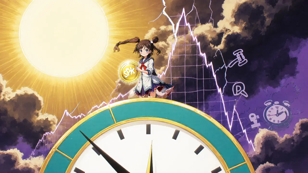 Future outlook scene with rising TVL gauge, glowing token, and cracked chart indicating risk.