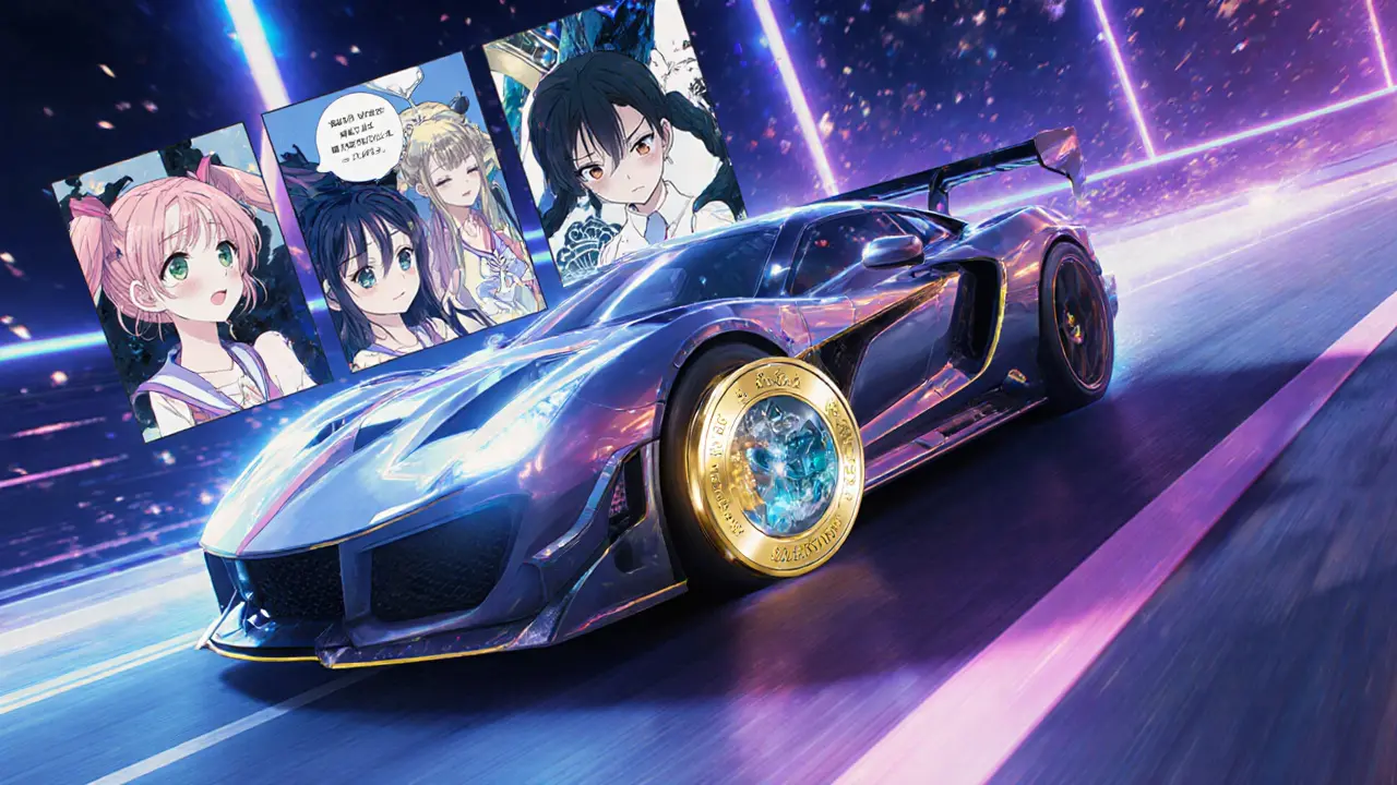 Futuristic car with TRALA token steering wheel and TOPAZ fuel crystal, neon track and game panels.