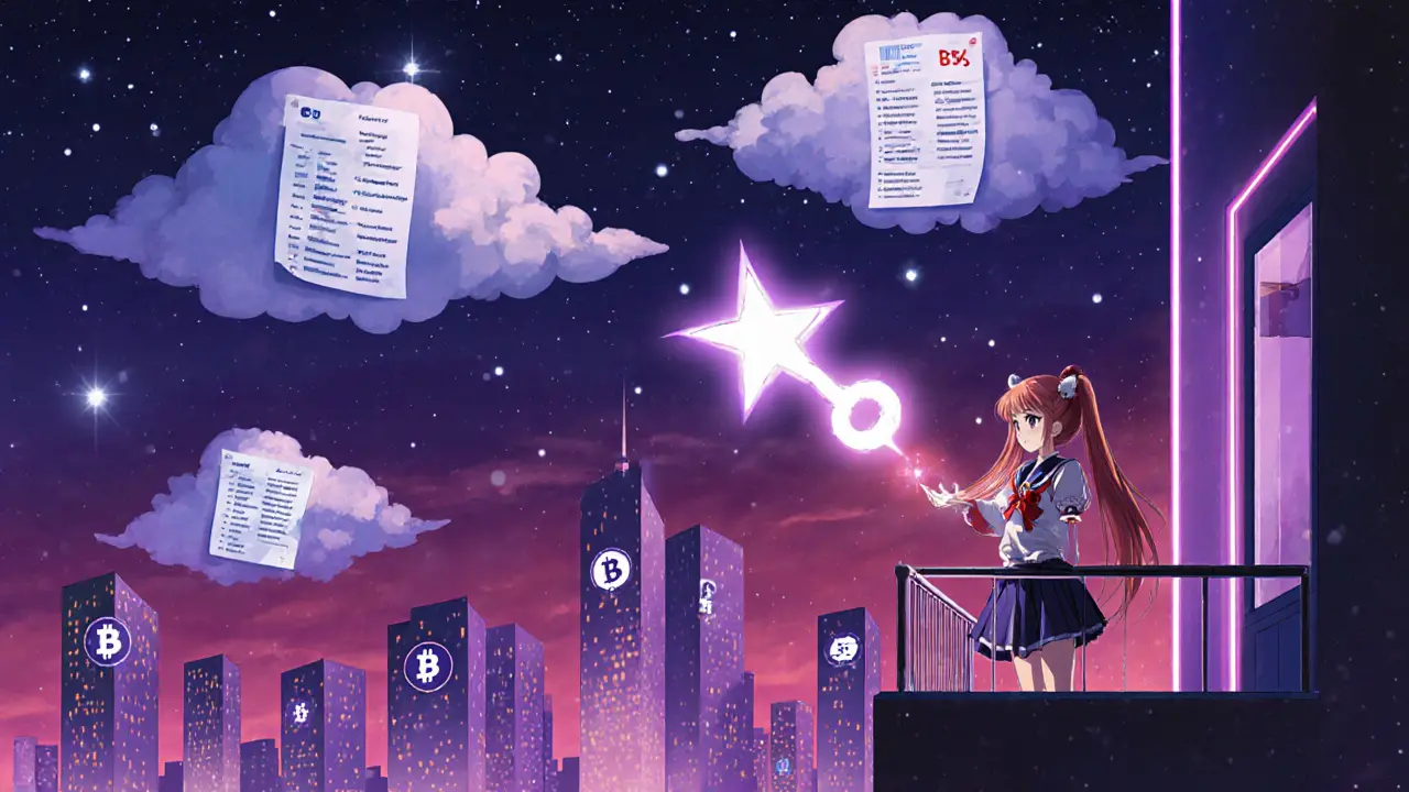 Futuristic city at dusk showing a heroine releasing a luminous key toward regulatory clouds.