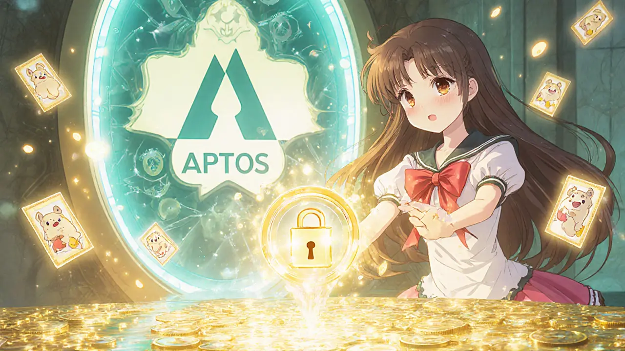 Heroine casts a lock spell over golden tokens while floating NFT doge cards hover, with an Aptos portal behind.