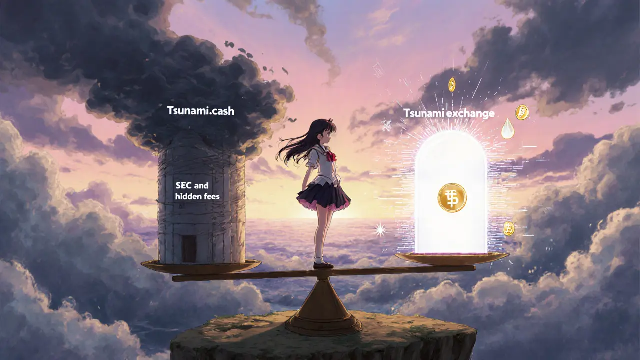 Heroine on a scale weighing a shaky tower (Tsunami.cash) against a glowing portal (Tsunami.exchange) under a sunrise.
