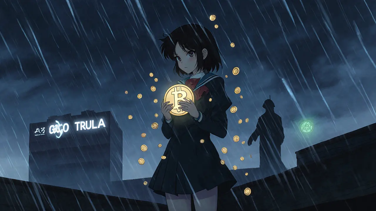 Heroine on rainy rooftop clutching TRALA token, falling coin icons, Gate.io building and partner talismans.