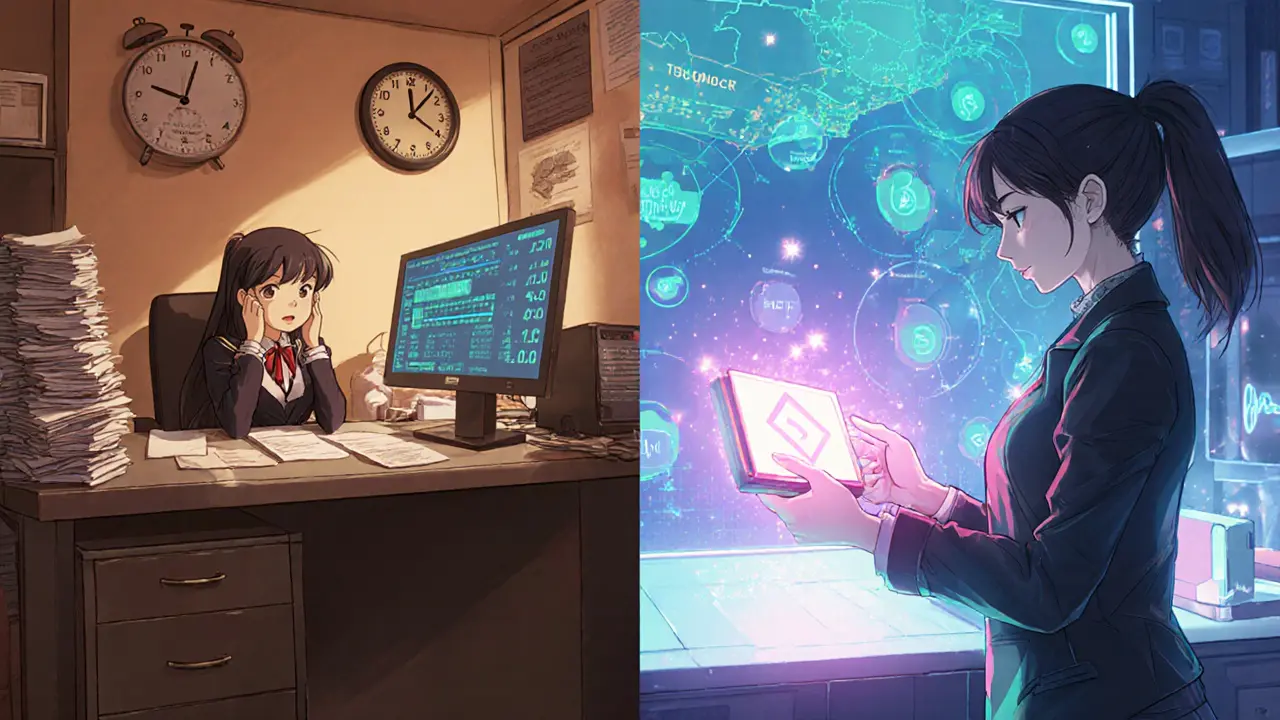 Left: heroine at a desk with paperwork and a slow timer for Tsunami.cash. Right: heroine using a wallet to connect multi‑chain swaps on Tsunami.exchange.